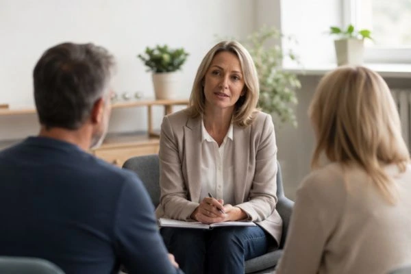 Couple discussing financial arrangement , pensions in divorce Barnet